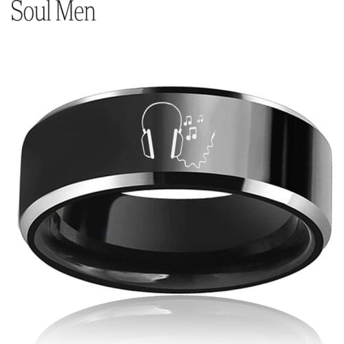 Enagraved Head Phones Music Notes Special Jewelry 8mm Black Tungsten Wedding Band Comfort Fit Gril & Boy Promised Rings