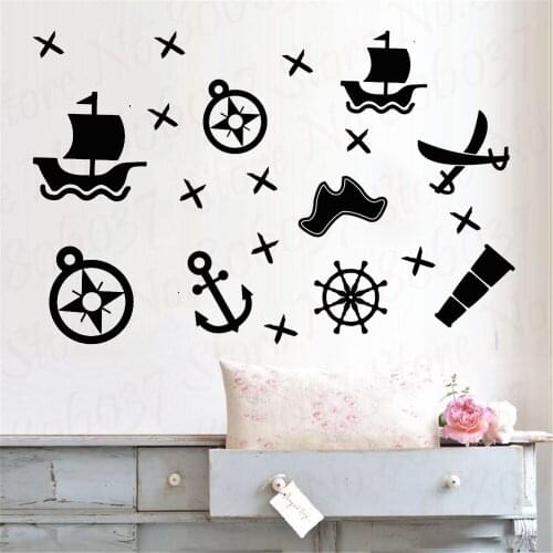 Makeyes Pirate Wall Sticker Boys Playroom Wall Decals Ship Sea Wall Decals Pirate Games Kids Boy Home Decor WL1831