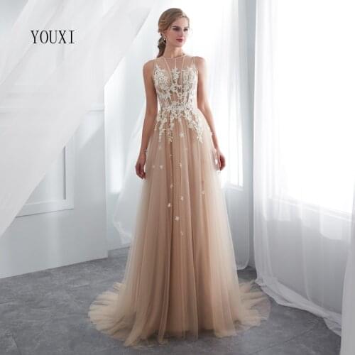 Champagne Prom Dresses YOUXI O-Neck Sexy Sheer Neck Lace Applique A-Line Sleeveless Sweep Train Long Party Evening Gowns