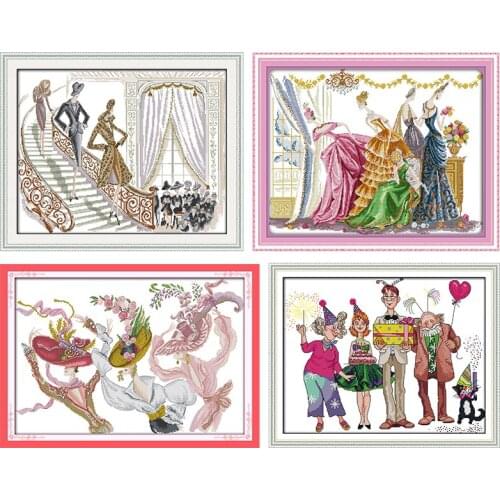 Joy Sunday Counted Cross Stitch Kits Dancing Party Patterns 14CT 11CT Printed Handmade Stamped Embroidery Needlework Decoration