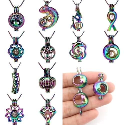 Rainbow 22'' Steel Snake Chains Pearl Beads Cage Perfume Pumpkin Lantern Lizard Flower Moon Locket Pendant Necklace