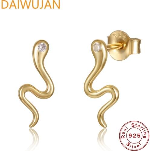 DAIWUJAN 100% 925 Sterling Silver Snake Earrings For Women Men INS Punk Gold Silver Color Animal Stud Earrings Femme Jewelry