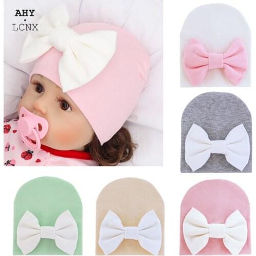 2021 Newborn Big Bows Hospital Chiffon Baby Hat Knitted Soft Nursing Beanie Hats Girls Photo Props Accessories for 0-6M Cap