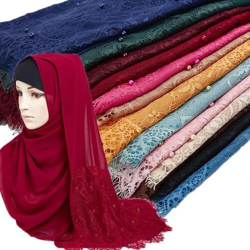Woman Plain Buble Chiffon Lace Pearls Scarf Muslim Scarf Shawl Muslim Solid Color Lady Muffler Luxury Foulard Femme Hijabs