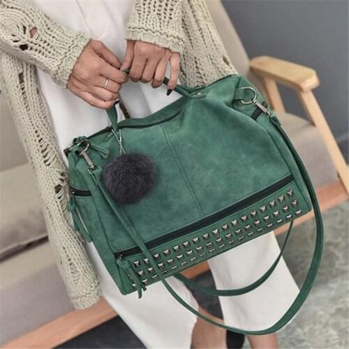 Women Shoulder Bag Vintage Nubuck Leather Ladies Handbag Rivet Large Bags Hair Ball Messenger Top-Handle Bag Fashionable Purses