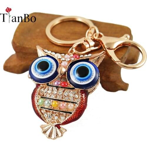 TianBo Evil Eye Owl Charm Keychain Colorful Crystal Beads Keyring Lobster Claw Clasp Gold Rhodium Alloy Car Keychain Lucky Gifts