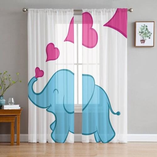 Animal Blue Elephant Love Child Tulle Window Curtain for Living Room Modern Sheer Curtain for Bedroom Kitchen Drapes Custom
