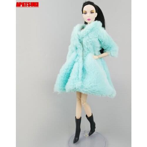 Green Winter Fur Coat for Barbie Doll Outfits Boots Clothes for 1/6 BJD Dolls Accessories Overcoat Jacket Toys DIY Gift