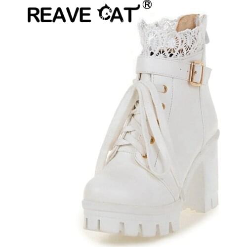 REAVE CAT 2021 Ladies Ankle Boots Stweet Platforms Cosplay Zip Patchwork Belt Buckle Lace Up 9.5CM Block Heel Black White A4464