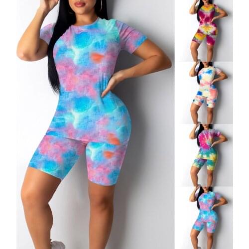 Womens Suits 2021 Girls Fashion Gradient Print Short Sleeve Shorts Sports Suit Comfortable Summer Plus Size комплект с шортами