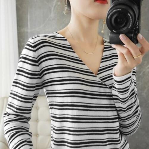 Hot Sale Striped Sweaters for Women V-neck Pullovers 100% Pure Wool Knitted Jumpers Ladies Soft Warm Knitwears