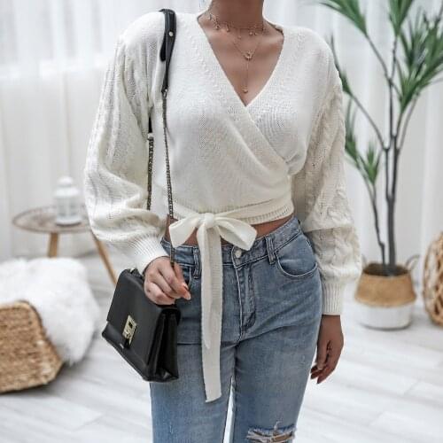Womens 2020 Fall/Winter Tops Solid Color V-Neck Twist Lantern Long Sleeve Lace Waist Knit Sweater
