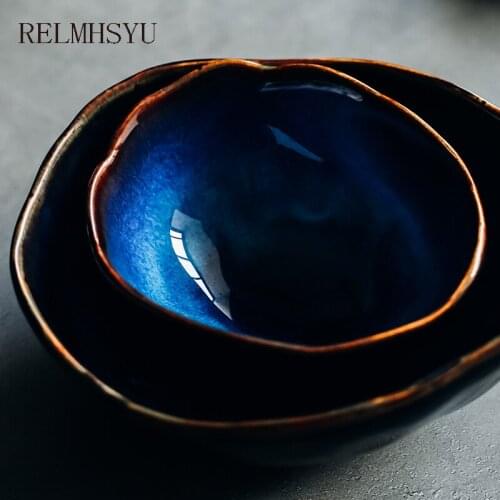 1PC RELMHSYU Japanese Style Deep Blue Series Rice Bowl Deep Irregular Tableware Dishes Set Noodle Dinner Bowl Household
