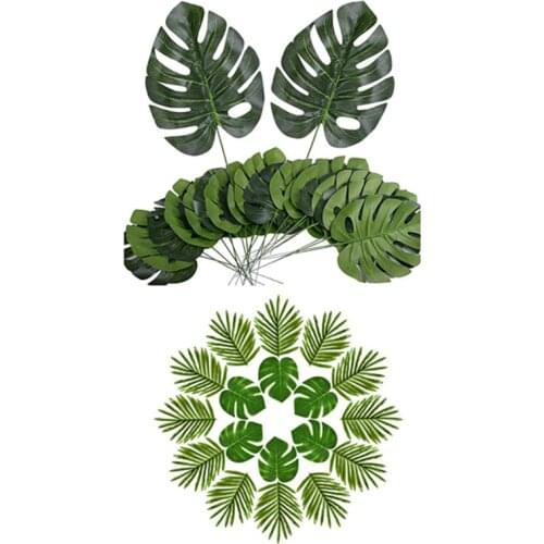 24 Counts Fake Faux Artificial Tropical Palm Leaves & 24 Pcs Tropical Palm Leaves Luau Artificial Simulation Tropical