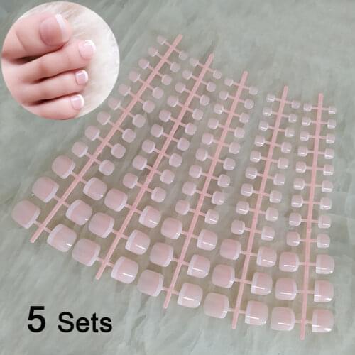 5 Sets French Toe Nails Short Toe Nail Tips Detachable Full Cover Acrylic Artificial Fake Nails Art Coffin False Nails Toe Tips