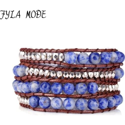 Fyla Mode Exclusive Natural Blue White Stone Bead 4 Strands Weave Wax Leather Wrap Bracelet Multi Layered Vintage Woven Bracelet
