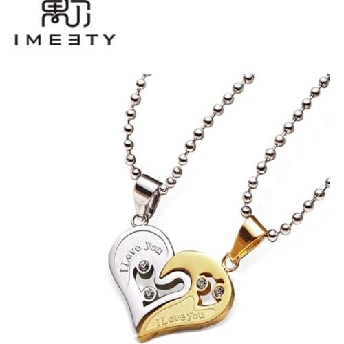 IMEETY custom necklace jewelry engraved name necklace zircons pendant silver two tone pendant couple one heart necklace gifts