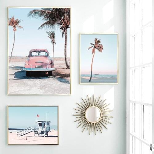 Pink Car Coconut Tree Beach Canvas Painting Nordic Seascape Woman Posters And Prints Wall Art Pictures For Living Room Decor