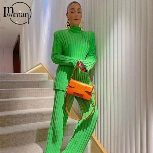 INWOMAN Autumn Sexy 2 Two Piece Sets Women Outfits 2021 High Neck long Sleeve Sweater Knitted Pants Suits Female Matching Sets