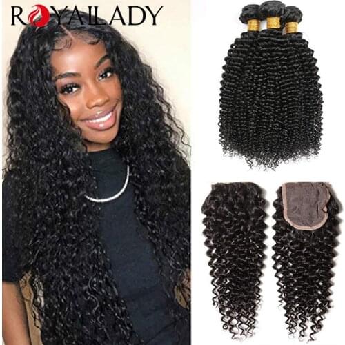 Kinky Curly Bundles With Closure Brazilian Human Hair Curly 3 Bundles with Lace Closure Long Length Remy Hair Extensions