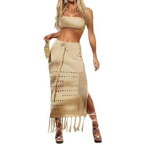 Bandeau Swimsuit Women 2021 New Hollow Solid Color Bikinis Long Lace-up Fringed Beach Skirt Swimsuit Female LR1195