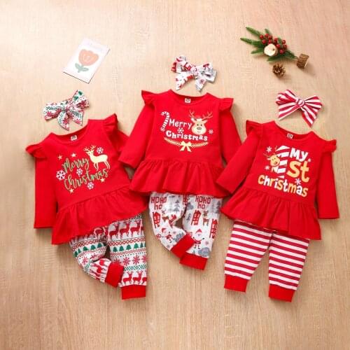 Flying Sleeve Newborn Baby Girl Clothes My First Christmas Shirt Print Pants Headband ELK Girls Outfits Xmas Set Infant Clothing