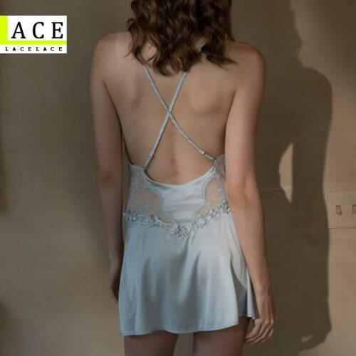 Summer Sexy Night Dress Lace Nightgow Womens New Lingerie Backless Lace V-neck Nightwear Silk Nightdress Homewear 2021