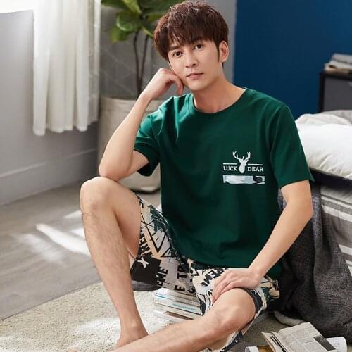 Summer 100% Cotton Pajama Man Cartoon Print Pijama+Fashion Letters Shorts Pajamas for Men Casual Plus Size Sleepwear Pajama Set