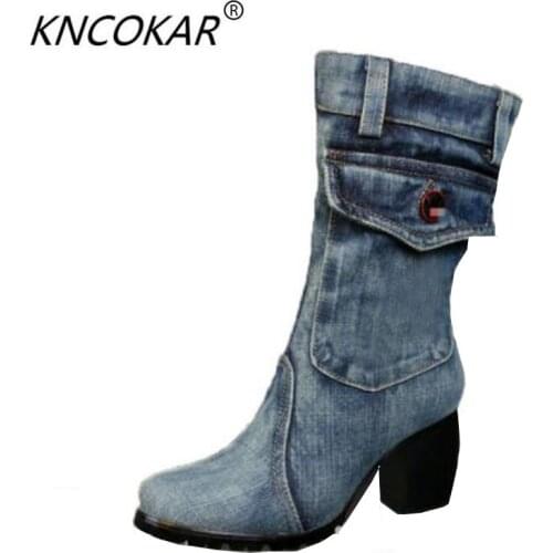 Hot sale high quality winter of 2017 the new canvas shoes high-heeled boots denim thick with womens boots