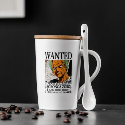 Cartoon One Piece Coffee mug ceramic copo luffy Sabo zero ace cup with cover and spoon