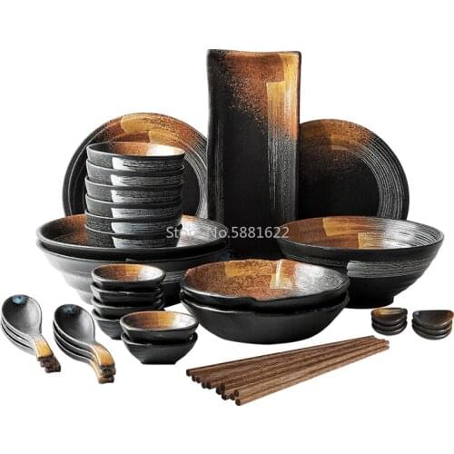 Japanese Dinner Set Ceramic Retro Japanese Tableware Set Frosted Texture Bowl Dish Home Flat Plate Restaurant Hotelware