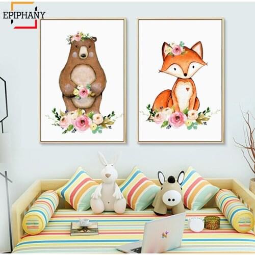 Woodland Animal Wall Art Prints Baby Nursery Decor Deer Bear Fox Owl Posters and Prints Canvas Painting for Kids Room Decoration
