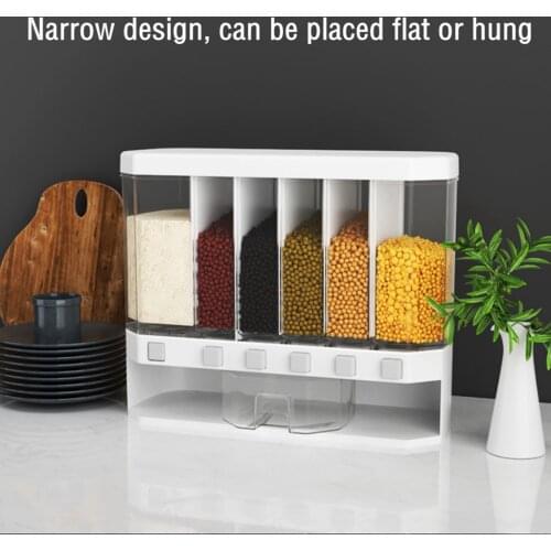 Wall-Mounted Rice Grain Beans Dispenser 6 Girds Pest-Proof Rack Sealed Food Storage Box for Kitchen and Home