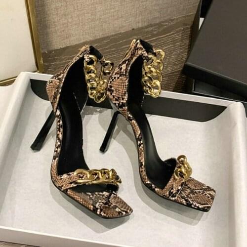 2021 Summer New Fashion Sandals Catwalk Show Square Toe Metal Chain Decoration Sexy Thick High-heeled Sandals