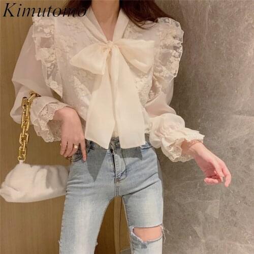 Kimutomo Solid Long Sleeve Shirt Women Sweet Bow Tie Flare Sleeve Embroidery Lace Blouse Korean Fashion Ladies Blusas Mujer