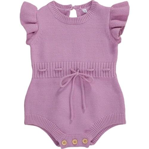 2020 Autumn Baby Girls Outfits Flying Sleeve Round Collar Rompers Toddler Sweet Solid Color Lace Up Jumpsuits 0-24M Clothing