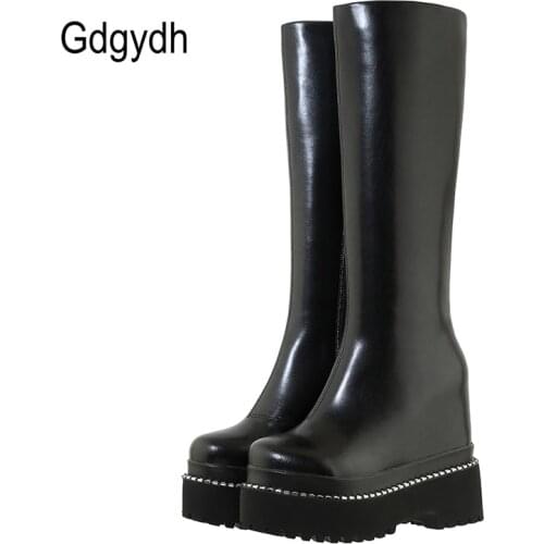 Gdgydh Sexy Rivet Knee High Boots Women Punk Height Increasing Genuine Leather Platform Wedges Winter Shoes Thick Bottom Zipper