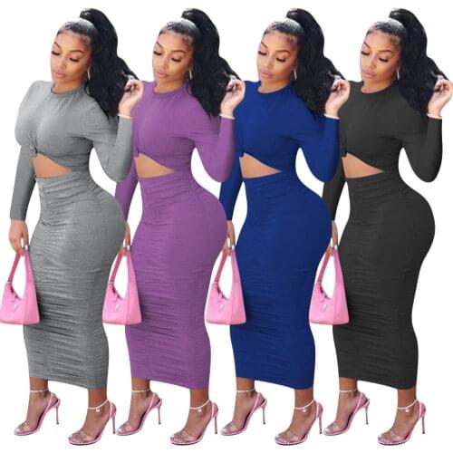 Sexy Hollow Out Full Sleeve Party Dress Women Solid Color O-Neck Maxi Bodycon Dress For Ladies Club Party Dress Autumn New 2021