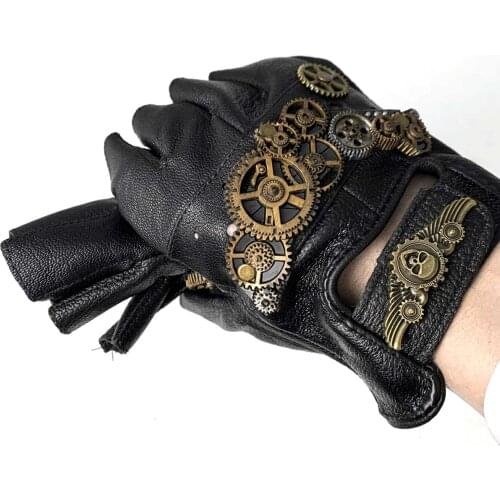 Retro Steampunk Gears Leather Fingerless Gloves Mens Biker Punk Gloves for Party Cosplay #G001