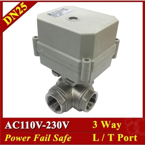 Tsai Fan L / T Port 3 Way 1" DN25 Power Fail Safe Electric Motorized Valve 2/5 Wires AC110V 220V Actuated Valve On/Off 15 Sec