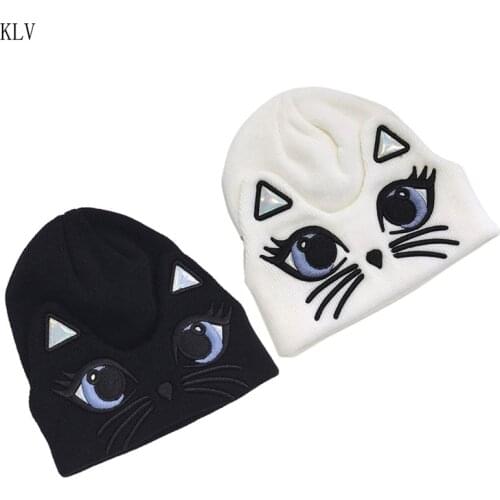 Japanese Women Winter Warm Knitted Cuffed Beanie Hat Cute Big Eyes Cat Embroidered Holographic Ears Windproof Skull Cap