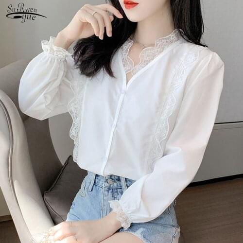 2020 Autumn New Lace Shirt Women White Lace V-neck Womans Blouses Long Sleeve Single-Breasted Fashion Top Feminine blusas 10845