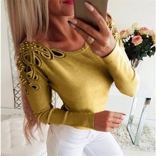 Autumn New Long Sleeve T-shirt Sexy Hollow Slim Fit Shoulder Pied Lace Womens Top Good Quality