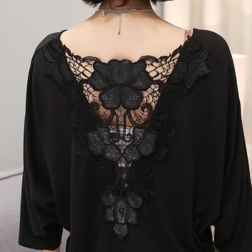 Plus Size 2021 Summer Sexy Hollow Out Womens Tshirt Backless Lace T-shirts for Women Tops Black Loose Tee Shirt Female 15122