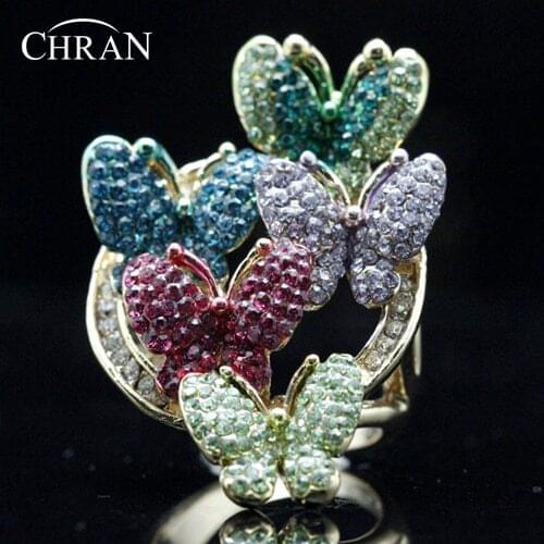 Chran Classic Animal Shape Gold Color Party Jewelry Rings Elegant Multicolor Crystal Butterfly Design Engagement Rings for Women