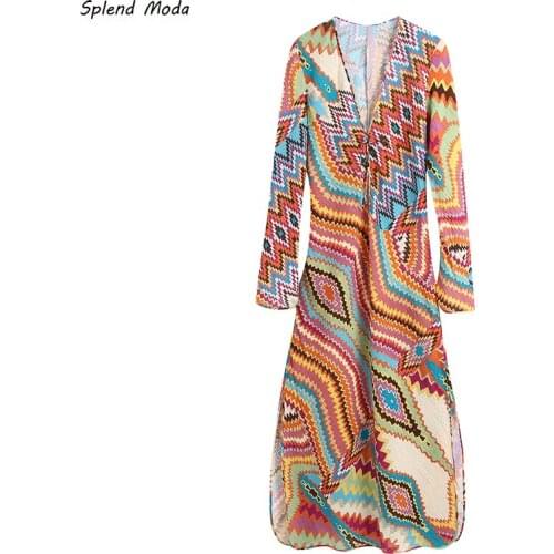 2021 Autumn New Fashion Womens Sexy V-Neck Long-Sleeve Chest Lace-Up Dress Vintage Printing Color Matching Slit Dresses Vestido