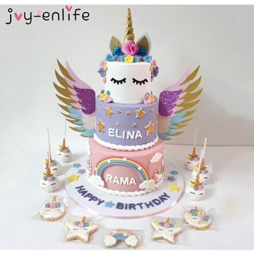 1set Unicorn Birthday Cake Wings Decor Cartoon Unicorn Cake Toppers Birthday Party Decoration Kids Cupcake Wrappers Cake Topper