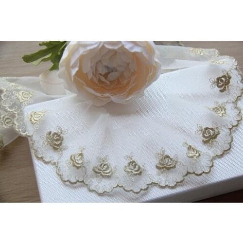2 Yards Gold Rose Lace Trim Off White Embroidered Tulle For Baby Dress, Dolls Making, Costume Design