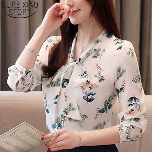 2019 Fashion Women Chiffon Blouses Casual Printed Elegant Women Tops Long Sleeve Bow Women Clothing Office Lady 5501 50