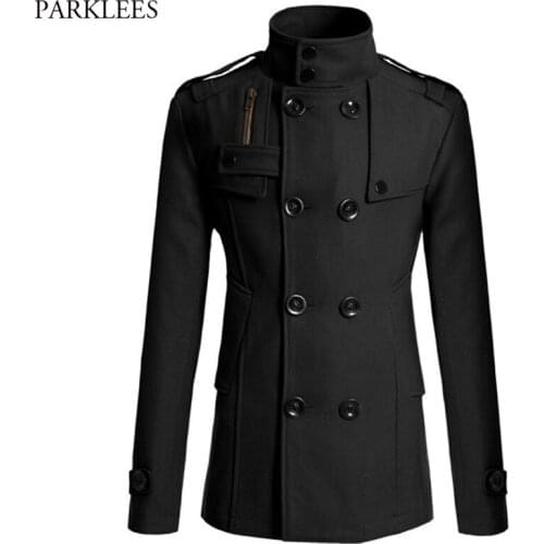 2021 Winter New British Style Wool Coat Men Double Breasted Mens Overcoat Stand Collar Slim Fit Trench Coat Outwear Windbreaker